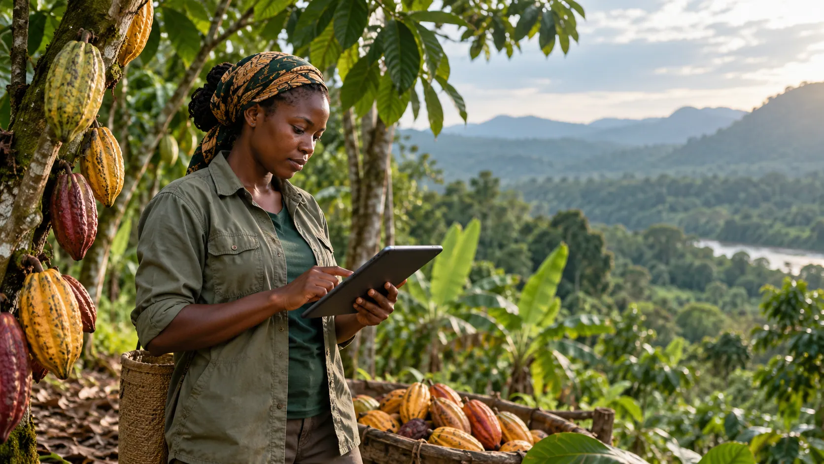 A cacao producer records a harvest on a tablet.